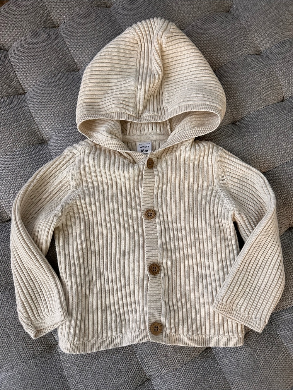Carter's Cream Ribbed Hooded Button-Front Cardigan